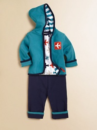 Your little jet-setter will look the part in this charming, plush cotton three-piece set adorned with airplanes for fly style. Bodysuit Envelope necklineShort sleevesBottom snaps Pants Elastic waistbandCuffed hem Jacket Attached hoodLong sleevesFull-zip frontCottonMachine washImported Please note: Number of buttons/snaps may vary depending on size ordered. Your little jet-setter will look the part in this charming, plush cotton three-piece set adorned with airplanes for fly style. Bodysuit Envelope necklineShort sleevesBottom snaps Pants Elastic waistbandCuffed hem Jacket Attached hoodLong sleevesFull-zip frontCottonMachine washImported Please note: Number of buttons/snaps may vary depending on size ordered.