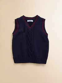 This classic sleeveless silhouette is embellished with a cable-knit design and contrasting trim for preppy perfection.V-neckSleevelessPullover styleCottonMachine washImported This classic sleeveless silhouette is embellished with a cable-knit design and contrasting trim for preppy perfection.V-neckSleevelessPullover styleCottonMachine washImported
