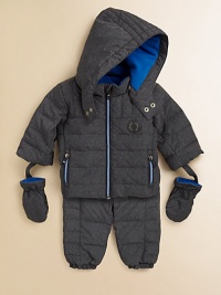 Keep baby safe from the elements and extra toasty in this puffy, down-filled, two-piece snowsuit with snap-off hood and mittens Keep baby safe from the elements and extra toasty in this puffy, down-filled, two-piece snowsuit with snap-off hood and mittens