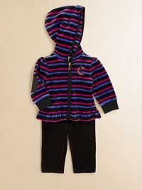 The velour hoodie that started a mini fashion revolution is paired with a pair of matching leggings for a cozy, cool ensemble. Hoodie Attached hoodLong sleevesZip-frontRuffled hemLeggings Elastic waistbandHoodie: 78% cotton/22% polyesterLeggings: CottonMachine washImported The velour hoodie that started a mini fashion revolution is paired with a pair of matching leggings for a cozy, cool ensemble. Hoodie Attached hoodLong sleevesZip-frontRuffled hemLeggings Elastic waistbandHoodie: 78% cotton/22% polyesterLeggings: CottonMachine washImported