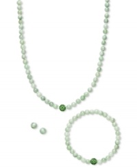 A fun update to your accessory collection, this matching set features a necklace, stretch bracelet and stud earrings crafted from green jade quartz (6-8 mm) and crystal beads. Set in sterling silver. Approximate length (necklace): 18 inches. Approximate length (bracelet): 7 inches. Approximate diameter: 1/3 inch. A fun update to your accessory collection, this matching set features a necklace, stretch bracelet and stud earrings crafted from green jade quartz (6-8 mm) and crystal beads. Set in sterling silver. Approximate length (necklace): 18 inches. Approximate length (bracelet): 7 inches. Approximate diameter: 1/3 inch.