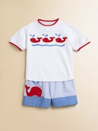 Swimming whale appliqués and contrasting trim make a splash on the front of this plush cotton knit.CrewneckShort sleevesPullover styleCottonMachine washImported Swimming whale appliqués and contrasting trim make a splash on the front of this plush cotton knit.CrewneckShort sleevesPullover styleCottonMachine washImported