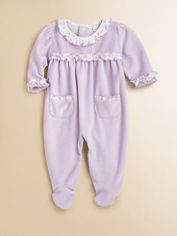 Crafted in buttery soft velour with charming ruffle trim and lavender print, this precious one-piece is as pretty as baby.Ruffled crewneckLong sleeves with ruffled cuffsBack snapsPatch pocketsBottom snaps80% cotton/20% polyesterMachine washImported Please note: Number of snaps may vary depending on size ordered. Crafted in buttery soft velour with charming ruffle trim and lavender print, this precious one-piece is as pretty as baby.Ruffled crewneckLong sleeves with ruffled cuffsBack snapsPatch pocketsBottom snaps80% cotton/20% polyesterMachine washImported Please note: Number of snaps may vary depending on size ordered.