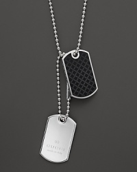 Diamantissima etching in sterling-set black enamel gives these dog tags an unmistakable Gucci twist. Diamantissima etching in sterling-set black enamel gives these dog tags an unmistakable Gucci twist.