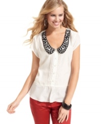 Gear-up for work or play in this beaded Peter-Pan collar top from Jessica Simpson! Gear-up for work or play in this beaded Peter-Pan collar top from Jessica Simpson!