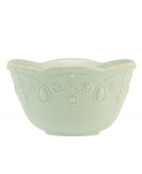 With fanciful beading and a feminine edge, this Lenox French Perle fruit bowl has an irresistibly old-fashioned sensibility. Hardwearing stoneware is dishwasher safe and, in an ethereal ice-blue hue with antiqued trim, a graceful addition to any meal. With fanciful beading and a feminine edge, this Lenox French Perle fruit bowl has an irresistibly old-fashioned sensibility. Hardwearing stoneware is dishwasher safe and, in an ethereal ice-blue hue with antiqued trim, a graceful addition to any meal.