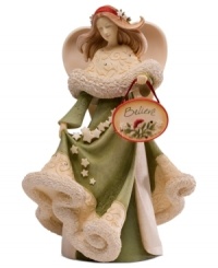 Utterly charming upon a mantle or table, a row of stars cascade down the finely crafted dress of this angel figurine, embellished with sparkling crystals and the seasonal message: Believe. Utterly charming upon a mantle or table, a row of stars cascade down the finely crafted dress of this angel figurine, embellished with sparkling crystals and the seasonal message: Believe.
