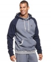 What's out: unflattering baggy sweatshirts.  What's in is this trendy hoodie by LRG with contrast sleeves and pocket trim.