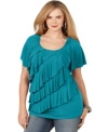 Tiered ruffles beautifully enhance AGB's short sleeve plus size top-- complete the look with your go-to jeans.