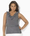 A curve-clinging blend of cotton and modal gives Lauren by Ralph Lauren's striped V-neck plus size top a chic, feminine silhouette, finished with airy ruffles and a self-tie sash for ultra-flirty appeal.