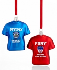 Show your support for New York's finest and bravest with an NYPD or FDNY Christmas ornament. Glass tees honor the city's everyday heroes. Show your support for New York's finest and bravest with an NYPD or FDNY Christmas ornament. Glass tees honor the city's everyday heroes.