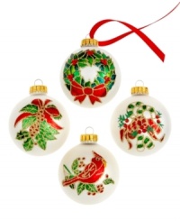 Christmas wreath, mistletoe, cardinal and candy canes have been painted in bright gem tones just in time for the holidays in this classic glass ornament set from Kurt Adler. Christmas wreath, mistletoe, cardinal and candy canes have been painted in bright gem tones just in time for the holidays in this classic glass ornament set from Kurt Adler.
