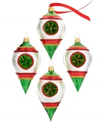 Bright Christmas colors explode with joy in this very festive set of teardrop-shaped glass ornaments from Kurt Adler. Bright Christmas colors explode with joy in this very festive set of teardrop-shaped glass ornaments from Kurt Adler.