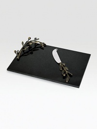 Symbolizing peace and harmony, the olive branch and its shapely leaves gracefully accent a simple slab of rich black granite and form the handle of the matching knife. From the Olive Branch CollectionGranite, oxidized bronze and stainless steel8½W X 12½L; knife 8LHand washImported Symbolizing peace and harmony, the olive branch and its shapely leaves gracefully accent a simple slab of rich black granite and form the handle of the matching knife. From the Olive Branch CollectionGranite, oxidized bronze and stainless steel8½W X 12½L; knife 8LHand washImported