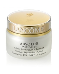 Repair Intense Moisture Clarity Lancôme Laboratories sets the new standard in skincare to fight visible effects of age and hormonal changes. Absolue Premium x SPF 15 Cream revolutionizes skin replenishment by combining two advanced discoveries in one luxuriously rich cream: Pro-Xylane™, a patented scientific breakthrough: an exceptional and precise molecule, restores essential moisture deep in the structure of skins surface. So skin regains youthful substance, firmness, and radiance as if signs of aging are visibly repaired. The intensely replenishing io-Network™ wild yam, soy, sea algae and barley helps enhance performance for visible rejuvenation. See the transformation, verified by women*: Visible Repair: Wrinkles appear reduced. 85% experience improved elasticity and firmness. Intense Moisture: 91% feel skin is nurtured. Re-plumped with life. Clarity: A radiant, even skin tone is revealed.*Percentage of women who noted visible facial improvement after 4 weeks during an 8-week consumer test. NON-COMEDOGENICNON-ACNEGENIC DERMATOLOGIST-TESTED FOR SAFETY Repair Intense Moisture Clarity Lancôme Laboratories sets the new standard in skincare to fight visible effects of age and hormonal changes. Absolue Premium x SPF 15 Cream revolutionizes skin replenishment by combining two advanced discoveries in one luxuriously rich cream: Pro-Xylane™, a patented scientific breakthrough: an exceptional and precise molecule, restores essential moisture deep in the structure of skins surface. So skin regains youthful substance, firmness, and radiance as if signs of aging are visibly repaired. The intensely replenishing io-Network™ wild yam, soy, sea algae and barley helps enhance performance for visible rejuvenation. See the transformation, verified by women*: Visible Repair: Wrinkles appear reduced. 85% experience improved elasticity and firmness. Intense Moisture: 91% feel skin is nurtured. Re-plumped with life. Clarity: A radiant, even skin tone is revealed.*Percentage of women who noted visible facial improvement after 4 weeks during an 8-week consumer test. NON-COMEDOGENICNON-ACNEGENIC DERMATOLOGIST-TESTED FOR SAFETY