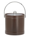A rich pebbled texture gives this chocolate-brown ice bucket the look and feel of real leather. Its double-walled design keeps things cold and dry. With contrast stitching and a brushed metal lid.
