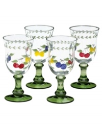 Lemons, cherries and plums add a splash of summery cheer to already-irresistible water goblets. Hand painted and etched, with a leaf garland and pine-green base, this set of Villeroy & Boch drinking glasses brings colorful refreshment to casual country kitchens. Lemons, cherries and plums add a splash of summery cheer to already-irresistible water goblets. Hand painted and etched, with a leaf garland and pine-green base, this set of Villeroy & Boch drinking glasses brings colorful refreshment to casual country kitchens.