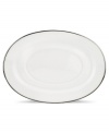 For nearly 150 years, Lenox has been renowned throughout the world as a premier designer and manufacturer of fine china. The simple and classic Hannah Platinum pattern brings a timeless refinement to your formal entertaining table, in pure white bone china embossed with a subtle palmetto-leaf design, and banded in platinum. Gravy stand shown back right.