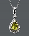 The perfect hue for a special summer birthday. August's birthstone is the peridot, and this teardrop-shaped gemstone (3/4 ct. t.w.) really makes a statement. Crafted in sterling silver and 14k gold setting with a sparkling diamond accent. Approximate length: 18 inches. Approximate drop: 1 inch.