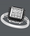 A contrasting style that's contemporary and chic. Crafted with a sterling silver band and setting, this square-shaped ring features round-cut black diamonds (1/8 ct. t.w.) and white diamond accents. Size 7.