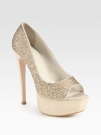 Towering stacked heel and platform ground this gala-ready satin silhouette encrusted in glimmering crystals. Stacked heel, 5½ (140mm)Stacked platform, 1½ (40mm)Compares to a 4 heel (100mm)Crystal-coated satin upperLeather lining and solePadded insoleImportedOUR FIT MODEL RECOMMENDS ordering one half size up as this style runs small. Towering stacked heel and platform ground this gala-ready satin silhouette encrusted in glimmering crystals. Stacked heel, 5½ (140mm)Stacked platform, 1½ (40mm)Compares to a 4 heel (100mm)Crystal-coated satin upperLeather lining and solePadded insoleImportedOUR FIT MODEL RECOMMENDS ordering one half size up as this style runs small.