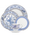 Elaborate scrolling vines and gorgeous feathers in regal blue adorn the Sapphire Plume platter from Marchesa by Lenox. Lavish platinum bands complete a pattern that's destined for memorable meals.