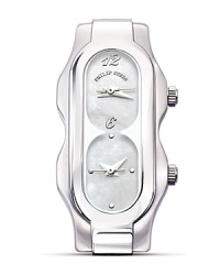 With an sleek mother of pearl frosted face, this super cool 2-dial watch makes a big impression with small proportions. With an sleek mother of pearl frosted face, this super cool 2-dial watch makes a big impression with small proportions.