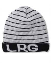 Cover up your head in warm style with this stripe beanie by LRG. Cover up your head in warm style with this stripe beanie by LRG.