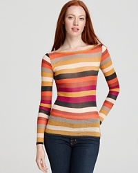 Striped, stretchy, semi-sheer, sleek: this fitted long-sleeve shirt is bright with warm colors and a lean look - great for layering. Striped, stretchy, semi-sheer, sleek: this fitted long-sleeve shirt is bright with warm colors and a lean look - great for layering.