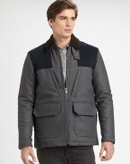 Made from fine Italian fabrication, this jacket offers a unique take on on-trend mixed media.Corduroy collarZipper frontOversized patch pocketsQuilted details on front and backAbout 30 from shoulder to hem70% wool/20% nylon/10% cashmere; cotton liningDry cleanImported of Italian fabric