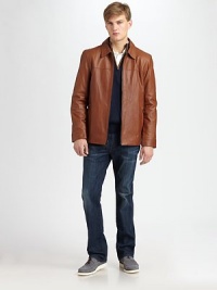 A timeless classic is shaped in luxurious, buttery soft lambskin leather.Zip frontSide zip pocketsAbout 28 from shoulder to hemLeatherDry cleanImported A timeless classic is shaped in luxurious, buttery soft lambskin leather.Zip frontSide zip pocketsAbout 28 from shoulder to hemLeatherDry cleanImported