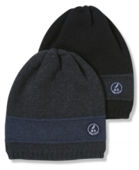 Seaworthy and street-worthy, a fashionable, functional beanie from Nautica with a contrast stripe and spinnaker logo patch. Seaworthy and street-worthy, a fashionable, functional beanie from Nautica with a contrast stripe and spinnaker logo patch.