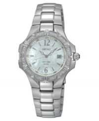 An elegant watch with a subtle hint of sparkle, from Seiko. Silvertone stainless steel bracelet and round case. Sapphire crystal-accented bezel. Round mother-of-pearl dial with logo, date window and numeral indices. Quartz movement. Water resistant to 100 meters. Three-year limited warranty. An elegant watch with a subtle hint of sparkle, from Seiko. Silvertone stainless steel bracelet and round case. Sapphire crystal-accented bezel. Round mother-of-pearl dial with logo, date window and numeral indices. Quartz movement. Water resistant to 100 meters. Three-year limited warranty.