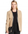 Calvin Klein's jacket is sheath with an open-front silhouette and faux leather trim at the placket and neck. (Clearance)