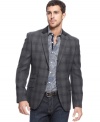 Professorial polish. Get your buttoned-up look studied with this plaid blazer from Tallia Orange.