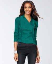 Satin fabric feminizes INC's motorcycle jacket into a soft piece that works for day or night. Satin fabric feminizes INC's motorcycle jacket into a soft piece that works for day or night.