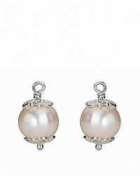 Freshwater pearl charms with floral sterling silver caps drop beautifully from PANDORA french wire or hoop earrings.