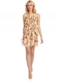 THE LOOKFloral designHalter tie necklineSleevelessCascading rufflesSelf-tie at waistBack zip closureTHE FITAbout 33 from shoulder to hemTHE MATERIALSilkFully linedCARE & ORIGINDry cleanImportedModel shown is 5'10 (177cm) wearing US size Small. THE LOOKFloral designHalter tie necklineSleevelessCascading rufflesSelf-tie at waistBack zip closureTHE FITAbout 33 from shoulder to hemTHE MATERIALSilkFully linedCARE & ORIGINDry cleanImportedModel shown is 5'10 (177cm) wearing US size Small.