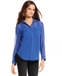 A basic button-down never looked this alluring before! INC's petite chiffon shirt adds a pop of bold color to any outfit, while allowing just the right amount of skin to show through. A basic button-down never looked this alluring before! INC's petite chiffon shirt adds a pop of bold color to any outfit, while allowing just the right amount of skin to show through.