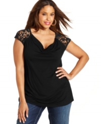 Sheer lace at the shoulders and back yoke make INC's plus size top a touch dramatic and totally seductive! The cowl neckline creates a flattering drape, too.