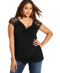 Sheer lace at the shoulders and back yoke make INC's plus size top a touch dramatic and totally seductive! The cowl neckline creates a flattering drape, too. Sheer lace at the shoulders and back yoke make INC's plus size top a touch dramatic and totally seductive! The cowl neckline creates a flattering drape, too.