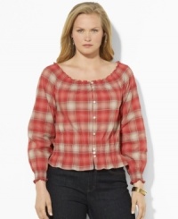 Lauren Ralph Lauren's soft woven cotton plus size top channels western inspiration with a faded plaid pattern and smocked detailing. Lauren Ralph Lauren's soft woven cotton plus size top channels western inspiration with a faded plaid pattern and smocked detailing.