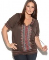 INC International Concepts Top, Short Sleeve Embellished Embroidery Brown XL 0X