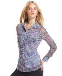 Sheer genius: INC's modern take on the classic button-front shirt features sheer, paisley-printed fabric and glittering rhinestone buttons! Sheer genius: INC's modern take on the classic button-front shirt features sheer, paisley-printed fabric and glittering rhinestone buttons!