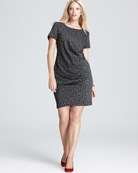 Your fashion sense will be spot on in this leopard-print DKNYC Plus dress made dramatic with exaggerated side ruching. Vibrant heels take the style from feline to fierce. Your fashion sense will be spot on in this leopard-print DKNYC Plus dress made dramatic with exaggerated side ruching. Vibrant heels take the style from feline to fierce.