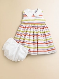Fresh, fun stripes on crisp cotton in a charming frock for your little fashionista.Contrast Peter Pan collarSleevelessEmpire waist with grosgrain ribbon waistband back tiesBack buttonsFull skirtSolid bloomers with elasticized waist and leg openingsCotton liningCottonMachine washImported Please note: Number of buttons may vary depending on size ordered. Fresh, fun stripes on crisp cotton in a charming frock for your little fashionista.Contrast Peter Pan collarSleevelessEmpire waist with grosgrain ribbon waistband back tiesBack buttonsFull skirtSolid bloomers with elasticized waist and leg openingsCotton liningCottonMachine washImported Please note: Number of buttons may vary depending on size ordered.