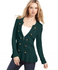 Shape up your look in Debbie Morgan's military-inspired petite cardigan - decorative buttons and a pretty ruffled peplum add a daring dash of style! Shape up your look in Debbie Morgan's military-inspired petite cardigan - decorative buttons and a pretty ruffled peplum add a daring dash of style!