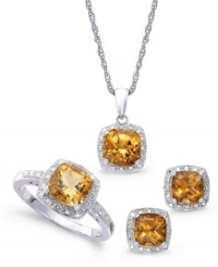 A touch of sunshine. Round-cut citrine (4-3/4 ct. t.w.) and sparkling diamond accents adorn this pretty matching jewelry set. Includes a pendant, stud earrings and ring in sterling silver. Approximate necklace length: 18 inches. Approximate drop: 1/2 inch. Approximate earring diameter: 1/4 inch. Size 7. A touch of sunshine. Round-cut citrine (4-3/4 ct. t.w.) and sparkling diamond accents adorn this pretty matching jewelry set. Includes a pendant, stud earrings and ring in sterling silver. Approximate necklace length: 18 inches. Approximate drop: 1/2 inch. Approximate earring diameter: 1/4 inch. Size 7.