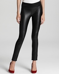Skinny leather legging, front leather panels down leg, stitching across front and back of knee, elastic waistband. Skinny leather legging, front leather panels down leg, stitching across front and back of knee, elastic waistband.