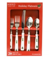 Complete your holiday table with this delightful flatware set from Nikko decorated with holly and Christmas trees. Coordinating dinnerware available. Complete your holiday table with this delightful flatware set from Nikko decorated with holly and Christmas trees. Coordinating dinnerware available.